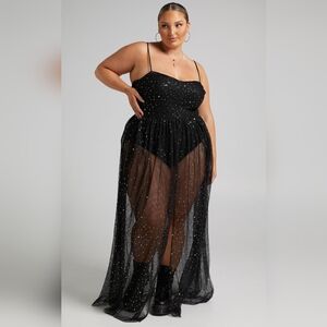 Showpo Sheer Mesh Black Maxi Dress with Slit sz 14